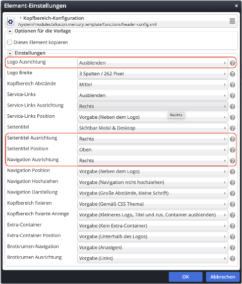 Element-Einstellungen für 'Kopfbereich ohne Logo'