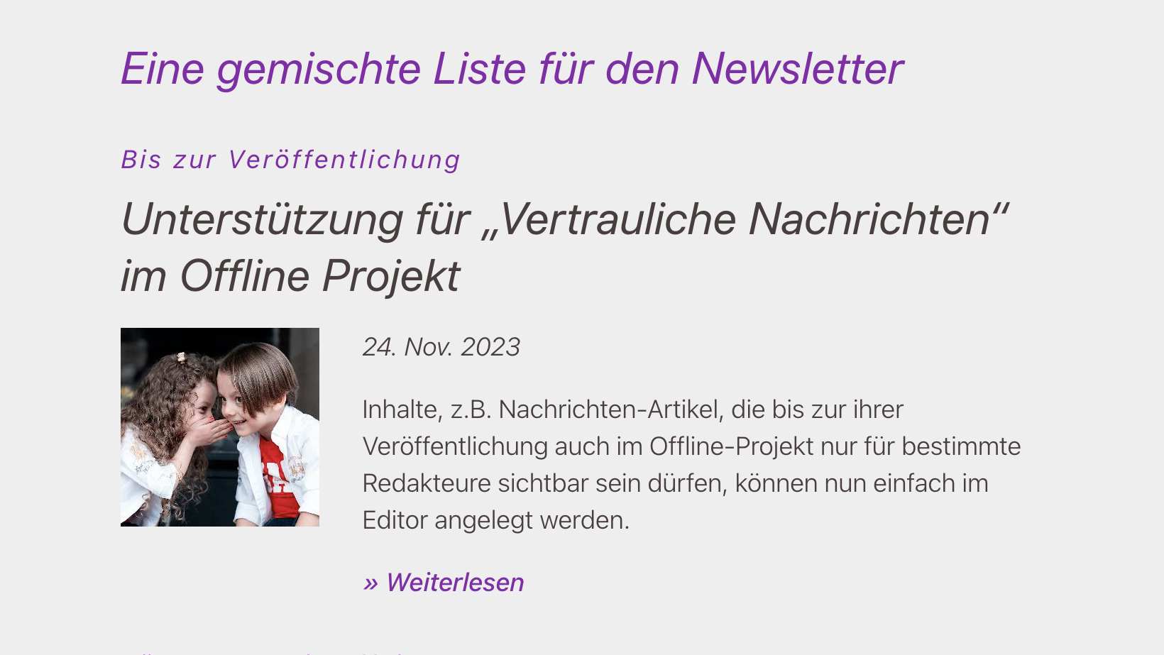Newsletter Liste mit Bilddarstellung unter der Überschrift, links vom Text