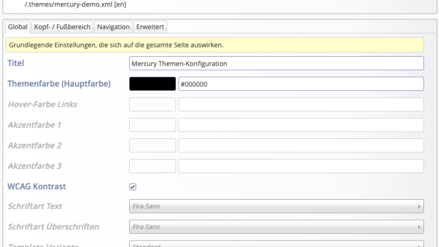 Ansicht einer Mercury Themen-Konfiguration im Formular-Editor