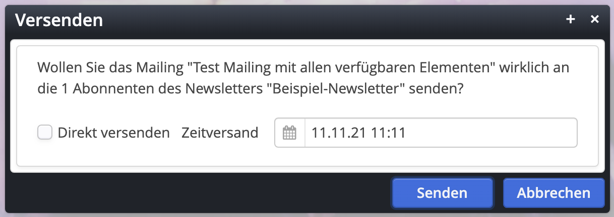 Versenden Dialog: Zeitversand